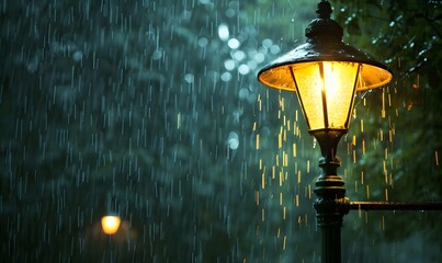 The street lamp illuminated the rainy night, Generative AI