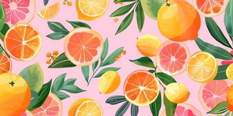 Fruit print pink and orange pattern, in the style of cartoon, cute style, colorful illustration, colorful, cute background, pink background, closeup of oranges and lemons, with orange tree leaf elemen