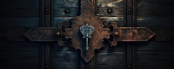 An ornate antique lock adds a touch of elegance to the aged wooden door.