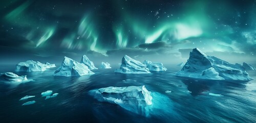 A dramatic arctic scene with jagged icebergs floating in deep blue water, under a sky filled with northern lights. 32k, full ultra hd, high resolution