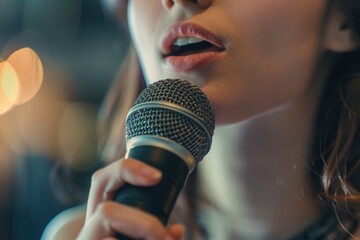 Close up of person holding microphone, perfect for music or public speaking concepts