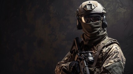 Naklejka premium Special unit soldier on a dark background