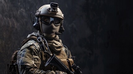 Naklejka premium Special unit soldier on a dark background