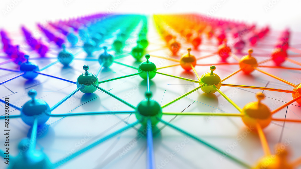 Poster a vibrant, colorful depiction of a molecular structure network, illustrating interconnected atoms in