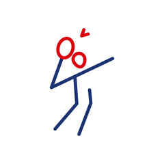 Outline icon of a badminton player jumping up to hit a shuttlecock. Vector icon of a badminton player holding a racket for the game. Flat icon, pictogram. Sports events and competitions.