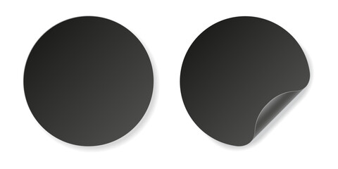 Black round stickers with folded corner and shadow. Transparent background.