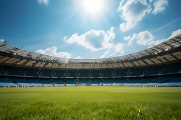 ky blue day sunny stadium pitch football grassy game sport green background nobody grass sunlight outdoors field nature sunshine natural architecture building cloud outside soccer daylight arena