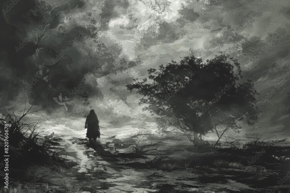 Poster a person standing in the middle of a field under a cloudy sky. suitable for various outdoor concepts