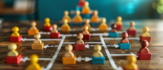 An image depicting a wooden board with colorful pawn game pieces arranged to represent a complex network or hierarchy, likely symbolizing social or organizational structure.