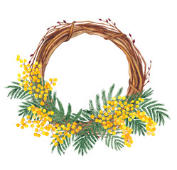 Floral wreath with yellow mimosa. Greeting template for festive cards, posters, Easter announcements.