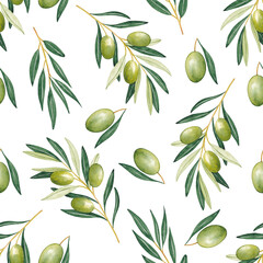 Watercolor olive seamless pattern of branches, green berries. Hand painted plants isolated on white background. Plants illustration for design, print, fabric or background.