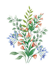 Watercolor illustration of a flower bouquet - blue, yellow, flower, green leaves. Wedding stationery, congratulations, wallpaper, fashion, background.