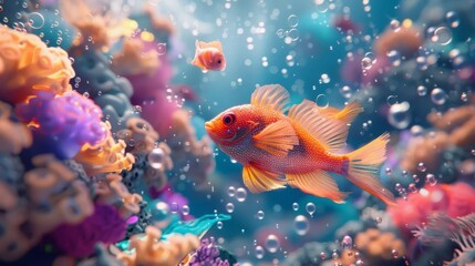 Fish and corals dissolving into plastic particles, 3D rendering, vibrant hues, detailed