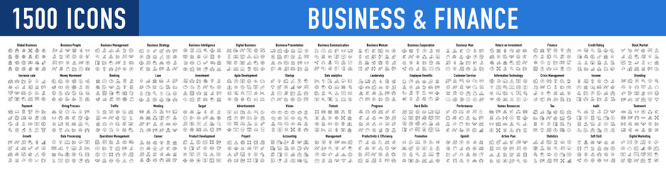 Set of 1500 Business icons. Business and Finance web icons in line style. Money, bank, meeting, vision, fintech, management, strategy, infographic. Icon collection. Vector illustration.