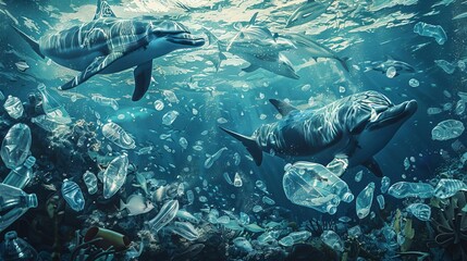 Fototapeta premium Marine animals blending with plastic waste, illustration, cool tones, intricate