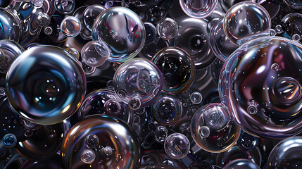 Many transparent glass bubbles on a black background