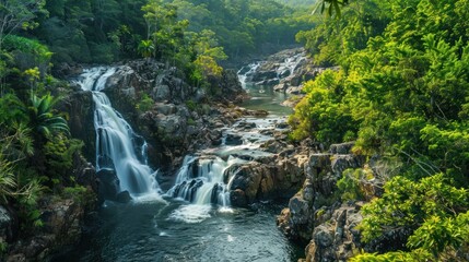 Obraz premium A waterfall is flowing into a lake surrounded by trees