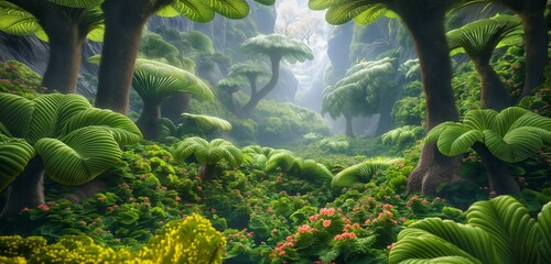 A fantasy valley with oversized, vivid green plants and flowers, creating an otherworldly lush environment. 32k, full ultra hd, high resolution