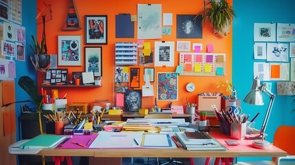 Vibrant Creative Office Workspace with Colorful Decor and Artistic Elements