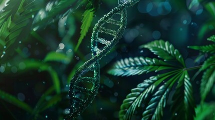 Close-up of a cannabis leaf entwined with a DNA helix, representing genetic research and tailored medicine