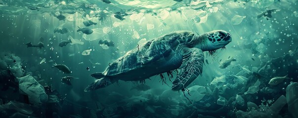 Fototapeta premium Marine life surrounded by plastic pollution, digital art, dark tones, atmospheric