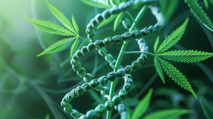 Fototapeta premium Close-up view of a cannabis leaf intertwined with a DNA helix, depicting genetic research and customized medicine