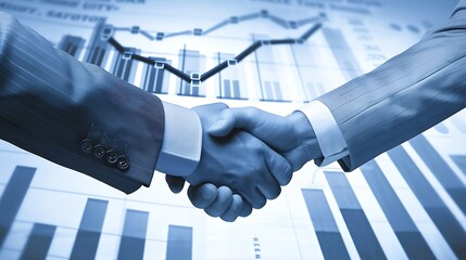 Successful Partnership in Business - Businessman shaking hands with partner in front of rising graphs and financial symbols