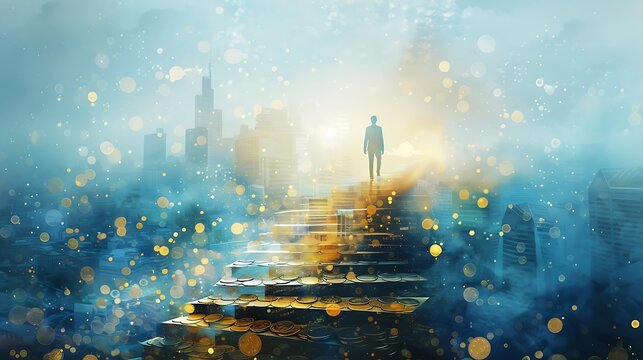 Golden Triumph: Successful Businessperson Standing atop Coin Staircase with Cityscape Background