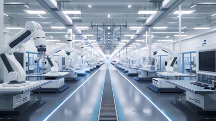 Efficient Smart Factory with Robotic Arms and Digital Control Panels in Gray, Blue, and White Tones