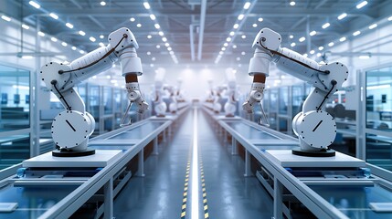 Advanced Smart Factory with Robotic Arms and Digital Control Panels in Gray, Blue, and White Color Scheme