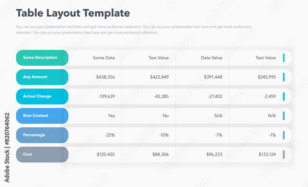 Poster Table layout template with six colorful rows. Simple flat template for project data visualization.
