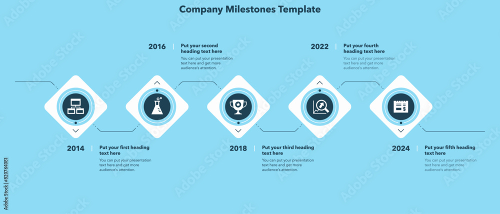 Leinwandbilder Horizontal timeline infographic template with five steps - blue version. SImple chart design for workflow layout, diagram, banner, web design.