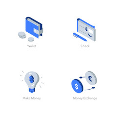 Simple set of isometric flat icons for finance 1. Contains such symbols as Wallet, Check, Make Money and Money Exchange.
