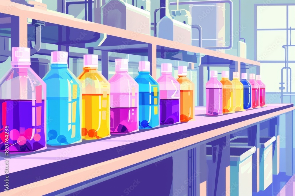 Poster row of different colored bottles on a shelf. suitable for product display or interior design concept