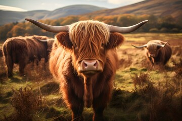 A highland cow scotland in a green field
