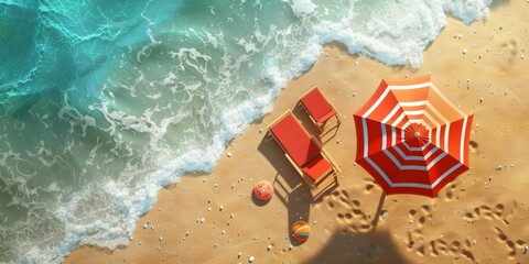 Fototapeta premium Top view Beach umbrella with chairs and beach accessories on the sand background. summer vacation concept. art illustration