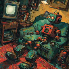 A weary working class robot relaxes in an armchair within its modest, cluttered living room, surrounded by vintage electronics and personal items, exuding a nostalgic atmosphere.