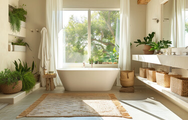 A serene bathroom with plants, bathed in natural light from large windows. A white freestanding tub...