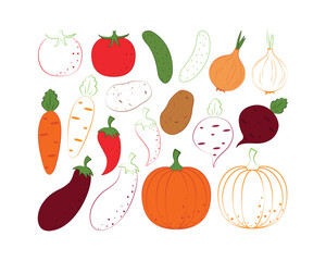 Vegetables coloring book . A children s coloring book featuring garden vegetables such as tomatoes, cucumber, onion and also carrots, peppers, potatoes and pumpkin. Children s coloring book. Vector