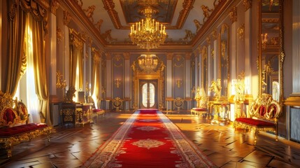 interior of castle or palace with golden chair bench of king	