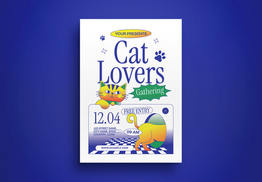 Blue And Yellow Modern Playful Cat Lovers Gathering Flyer Layout
