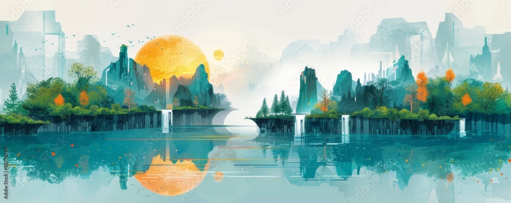 Poster a cybernetic wilderness where data streams and digital landscapes merge with the natural world, crea