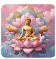 A golden Buddha statue sitting in pink lotus, meditation, spiritual awakening, illustration wallpaper 