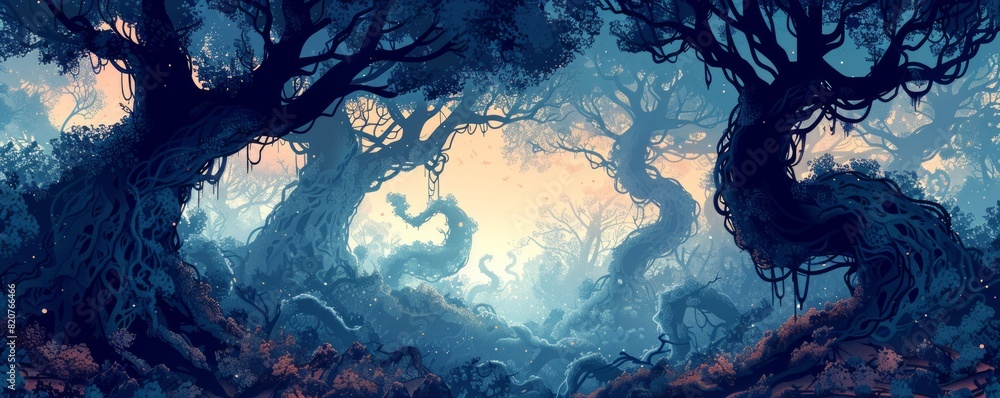Poster a cybernetic forest where sentient trees and biomechanical creatures coexist, their intertwined root
