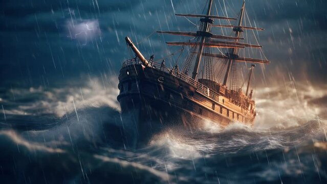 AI-generated looping animation of a huge ship in a  stormy sea