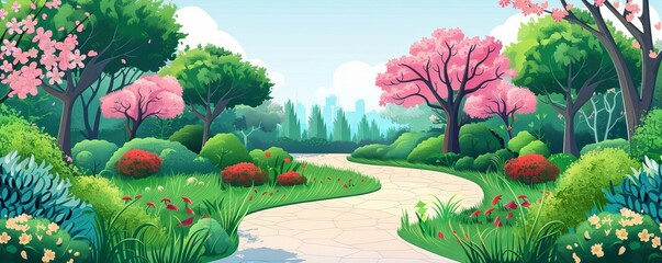 A serene arboretum with winding pathways, lush greenery, and colorful blossoms in bloom.   illustration.