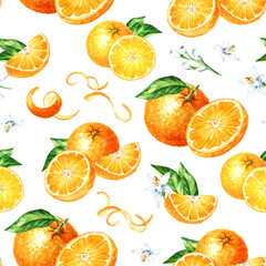 Fresh sweet Orange fruit seamless pattern. Hand drawn watercolor illustration