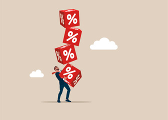 Businessman hold of stack of unstable cube block with percentage icon. Crisis monetary policy number below zero growth. Flat vector illustration