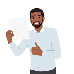 Young black man shows a sheet with the contract with thumb up. Flat vector illustration isolated on white background