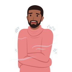 Freezing and shivering black man on winter cold. Flat vector illustration isolated on white background
